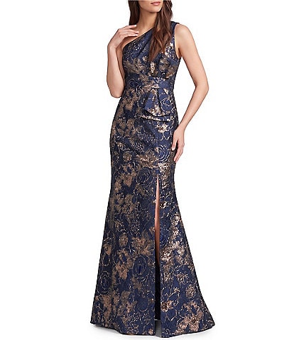 Adrianna Papell Petite Size One Shoulder Jacquard Gown
