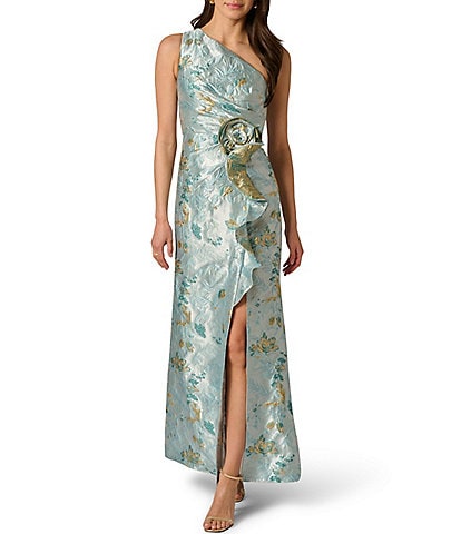 Adrianna Papell Petite Size One Shoulder Metallic Jacquard Column Gown