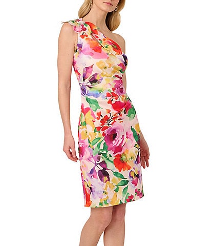 Adrianna Papell Petite Size Scuba Floral Print One Shoulder Neck Sleeveless Sheath Midi Dress