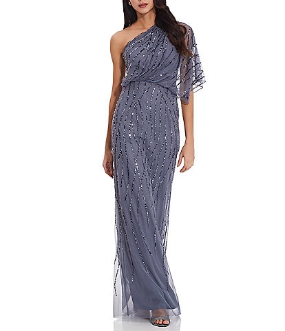 Adrianna Papell Petite Size Sequin One Shoulder Illusion Sleeve Gown