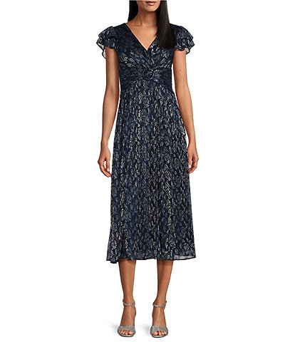 Adrianna Papell Petite Size Short Flutter Sleeve V-Neck Printed Midi Dress