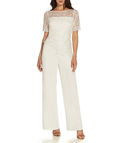 Adrianna Papell Petite Size Short Sleeve Boat Neck Lace Overlay Jumpsuit