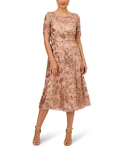 Adrianna Papell Petite Size Short Sleeve Crew Neck Sequin Embroidered Midi Dress