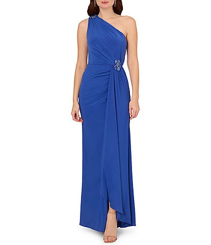Adrianna Papell Petite Size Stretch Jersey One Shoulder Sleeveless Embellished Waist Gown