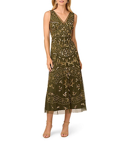 Adrianna Papell Petite Size V-Neck Beaded Midi Dress