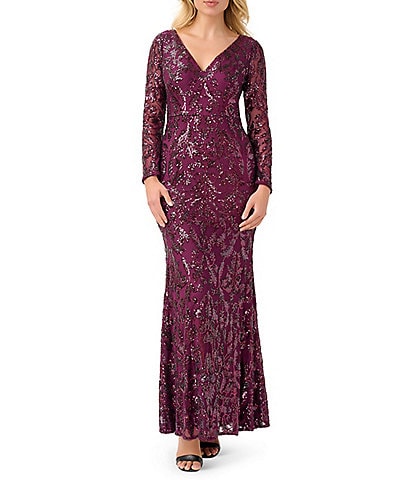 Adrianna Papell Petite Size V-Neck Stretch Sequin Long Mesh Sleeve Sheath Gown