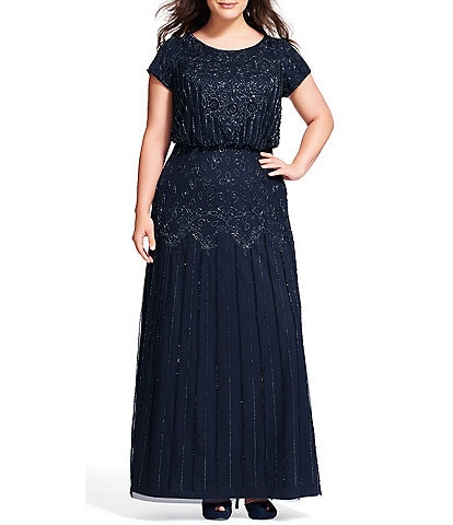Adrianna Papell Plus Size Beaded Bodice Short Sleeve Blouson Gown