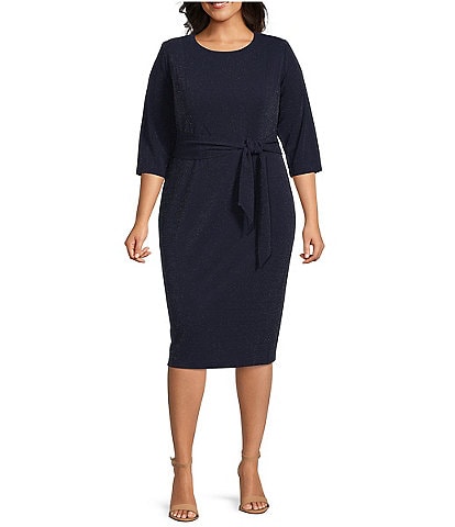 Adrianna Papell Plus Size Metallic Knit Jewel Neck 3/4 Sleeve Tie Front Sheath Dress