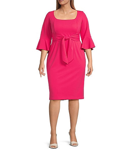 Adrianna Papell Plus Size 3/4 Bell Sleeve Square Neck Tie Waist Crepe Sheath Dress
