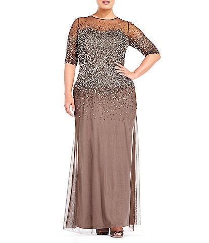 Adrianna Papell Plus Size 3/4 Sleeve Beaded Illusion Crew Neck Long Gown