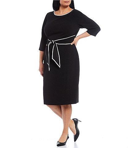 Adrianna Papell Plus Size Jewel Neck 3/4 Sleeve Crepe Tie Waist Sheath Dress