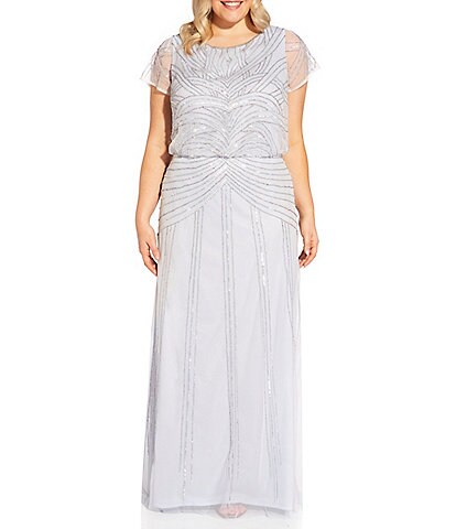 Adrianna Papell Plus Size Beaded Blouson Round Neck Short Sheer Sleeve Gown