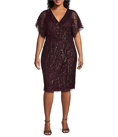 Adrianna Papell Plus Size Beaded Mesh V-Neck Dolman Sleeve Sheath Dress