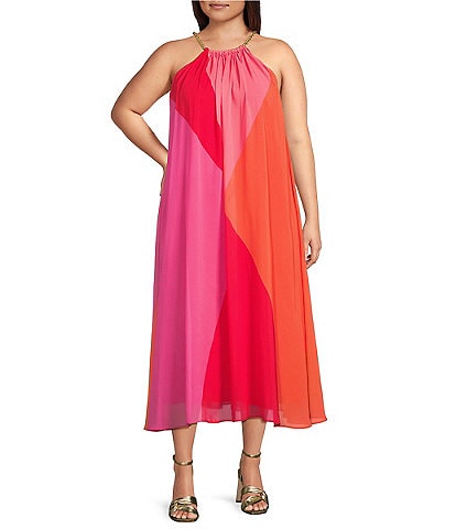 Adrianna Papell Plus Size Chiffon Color Block Halter Neck Sleeveless Slip Dress
