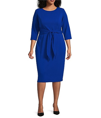 Adrianna Papell Plus Size Crepe Knit Tie Waist 3/4 Sleeve Round Neck Sheath Dress