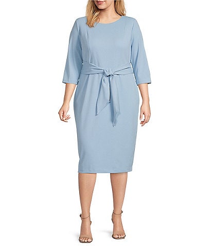 Adrianna Papell Plus Size Crepe Knit Tie Waist 3/4 Sleeve Round Neck Sheath Dress