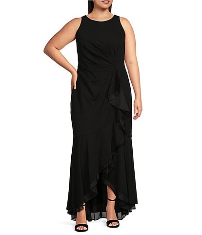 Adrianna Papell Plus Size Crew Neck Sleeveless Cascading Ruffle High-Low Dress