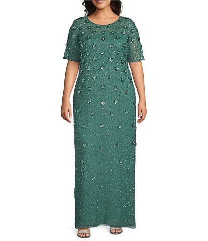 Adrianna Papell Plus Size 3D Floral Beaded Mesh Round Neck Short Sleeve Gown