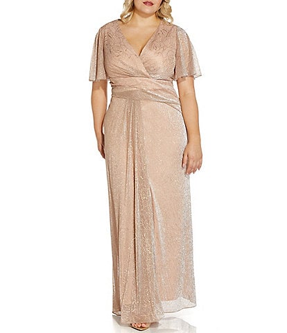 Adrianna Papell Plus Size Floral Metallic Mesh V-Neck Short Flutter Sleeve Wrap A-Line Gown
