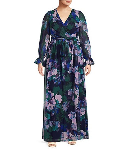 Adrianna Papell Plus Size Floral Print Long Sleeve Surplice V-Neck Chiffon Maxi Dress