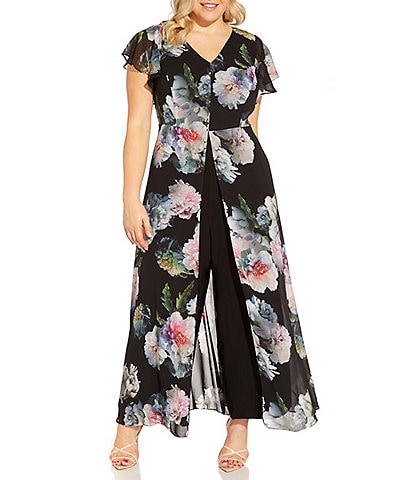 Adrianna Papell Plus Size Floral Printed V-Neck Flutter Short Sleeve Overlay Jumpsuit