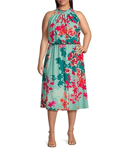 Adrianna Papell Plus Size Halter Neck Floral Print Blouson Midi Dress