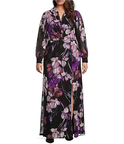 Adrianna Papell Plus Size Long Sleeve Polo Neck Floral Print Chiffon Shirt Dress