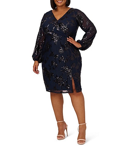 Adrianna Papell Plus Size Long Sleeve V-Neck Sequin Embellished Wrap Dress