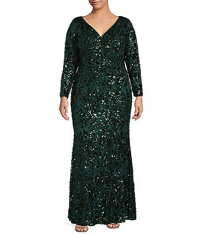 Adrianna Papell Plus Size Long Sleeve V-Neck Sequin Lace Gown