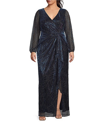 Adrianna Papell Plus Size Metallic Mesh Surplice V-Neck Long Sleeve Side Cascade A-Line Dress