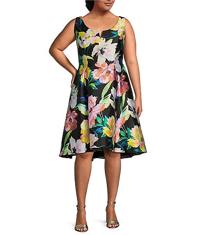 Adrianna Papell Plus Size Mikado Floral Print Notch Scoop Neck Sleeveless Dress