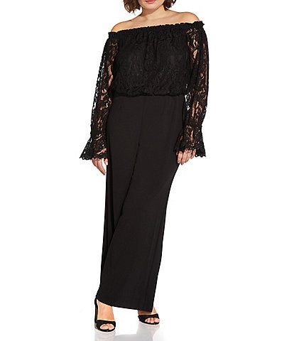 Adrianna Papell Plus Size Off-the-Shoulder Lace Bodice Jumpsuit