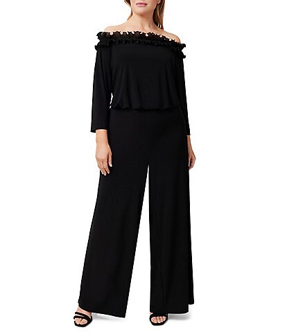 Adrianna Papell Plus Size Off-the-Shoulder Long Sleeve Ruffle Jumpsuit