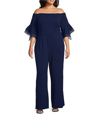 Adrianna Papell Plus Size Off The Shoulder Organza Tiered 3/4 Sleeve Stretch Crepe Jumpsuit