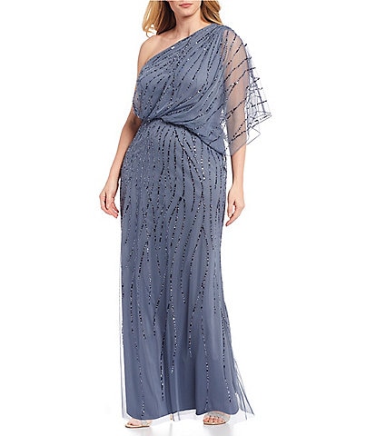 Adrianna Papell Plus Size One Shoulder Dolman Sleeve Beaded Blouson Gown
