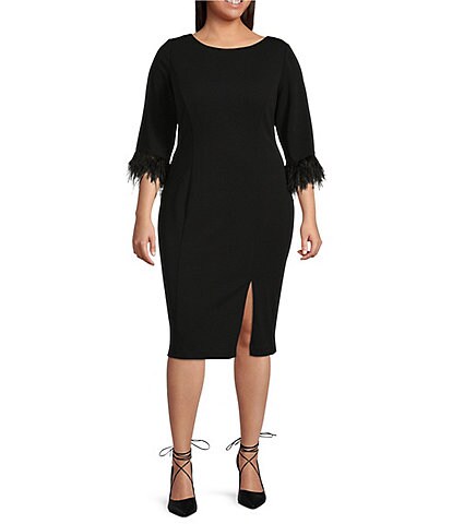 Adrianna Papell Plus Size Round Neck 3/4 Feather Trimmed Sleeve Front Slit Crepe Sheath Dress