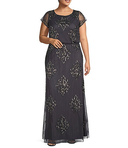 Adrianna Papell Plus Size Scoop Neck Short Sleeve Blouson Beaded Gown