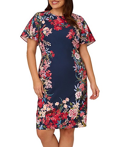 Adrianna Papell Plus Size Short Flutter Sleeve Crew Neck Floral Dress