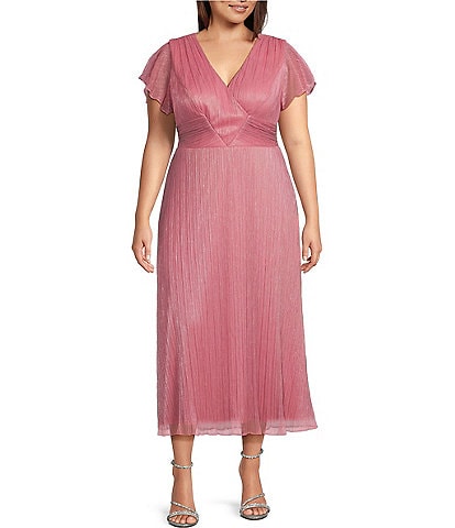 Adrianna Papell Plus Size Short Flutter Sleeve V-Neck Crinkle Metallic Mesh Midi Dress