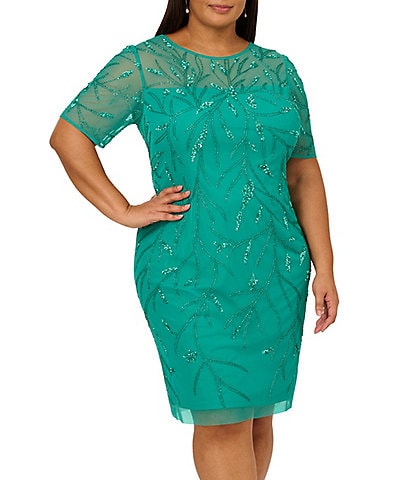 Adrianna Papell Plus Size Short Sleeve Beaded Sheath Dress