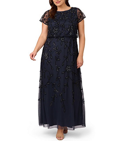 Adrianna Papell Plus Size Short Sleeve Boat Neck Beaded Blouson Gown