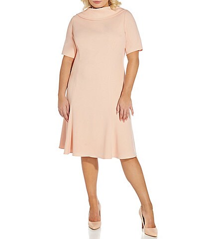 Adrianna Papell Plus Size Short Sleeve Envelope Neck Knit Stretch Crepe A-Line Dress