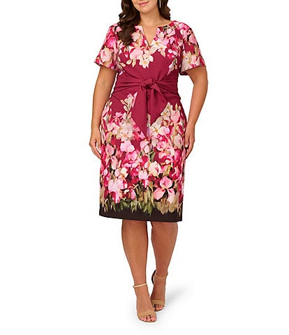 Adrianna Papell Plus Size Short Sleeve Floral Print Tie Front Sheath Dress
