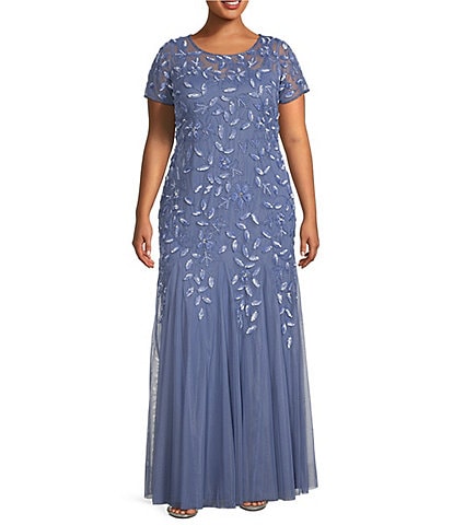 Adrianna Papell Plus Size Short Sleeve Illusion Crew Neck Godet Skirt Beaded Mesh Gown