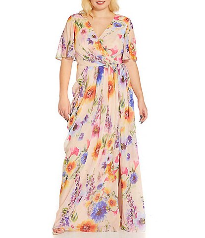 Adrianna Papell Plus Size Short Sleeve Surplice V-Neck Floral Printed Draped Chiffon Gown