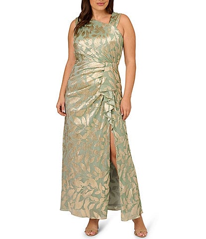 Adrianna Papell Plus Size Sleeveless Asymmetrical Neck Foil Leaf Gown