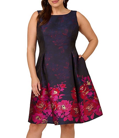 Adrianna Papell Plus Size Sleeveless Boat Neck Metallic Floral Fit and Flare Dress