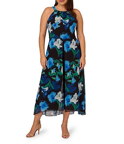 Adrianna Papell Plus Size Sleeveless Halter Neck Floral Jumpsuit