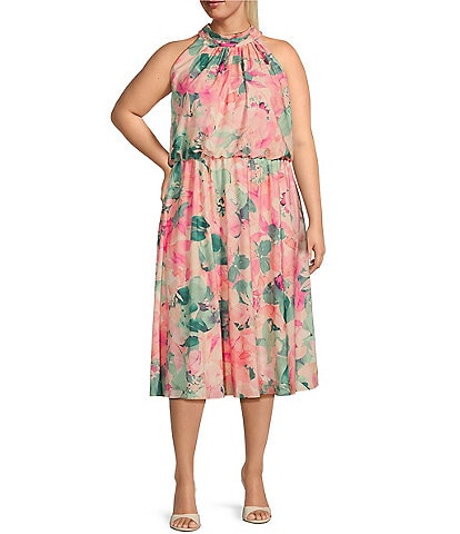 Adrianna Papell Plus Size Sleeveless Halter Neck Floral Printed Chiffon Midi Dress