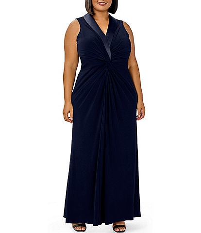Adrianna Papell Plus Size Sleeveless Shawl Collar Neck Ruched Front Long Jersey Knit Dress
